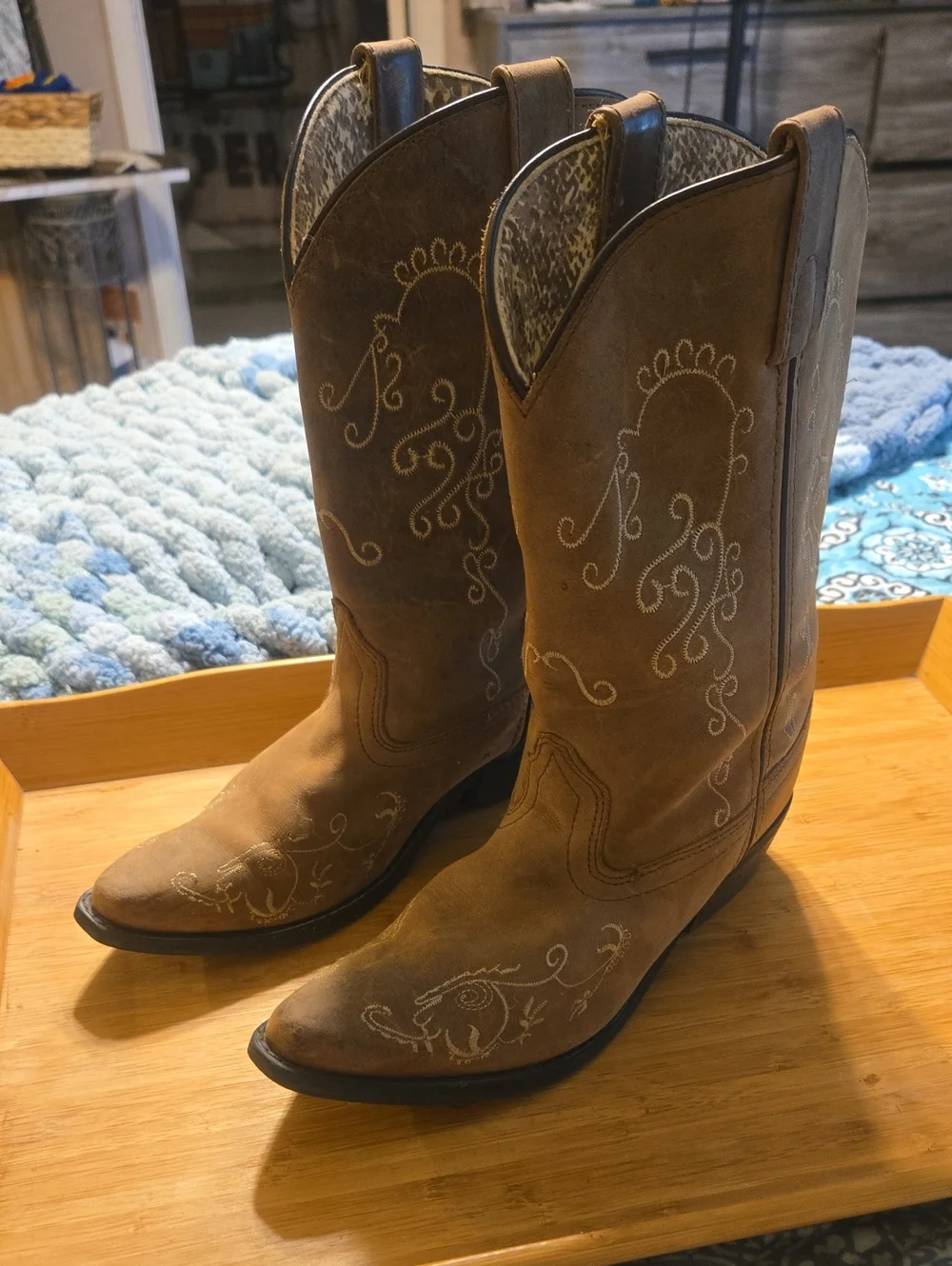 Girls Tan Embroidered Western Heeled Boots